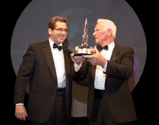 Emcee Miles O'Brien and National Space Trophy Winner Gene Cernan.