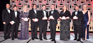 Early Career Stellar Awardees. L to R: Kjell Lindgren (presenting), Christopher Eby, Sarah L. Wallace, Peter Masi, Russell Vela, Joey Edgar, Chelsea Shepherd, Jason Shapiro, Kate Rubins (presenting)