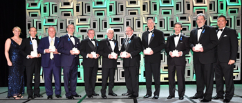 Late Career Stellar Awardees. L to R: Kate Rubins (presenting), Marc D. Rayman, Kamal S. Ghaffarian, Dale Cloud, Jeffrey R. Davis, Michael A. Melgares, John B. Vollmer, Kenneth O. Todd, Mark Ferguson, Scott R. McIntyre, Kjell Lindgren (presenting)