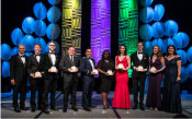 Stellar Award Winners  Early Career -
L to R: Mark Vande Hei (presenting), Samuel Anderson, Peter Carow, Dr. William Q. Walker, Capt. Sean M. Frederick, Ebony J. Bowens, Kathleen S. Bonner, Dr. Joseph Shoer, Cassie Wong, Dr. Shannon Walker (presenting). Not pictured: Capt. Andrew R. Hilton.